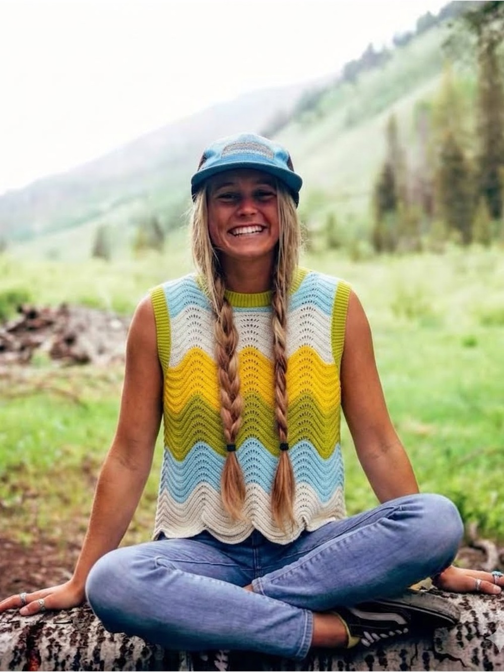 Chevron Knit Sleeveless Tank in Yellow, Blue & Cream - No Brand Tag